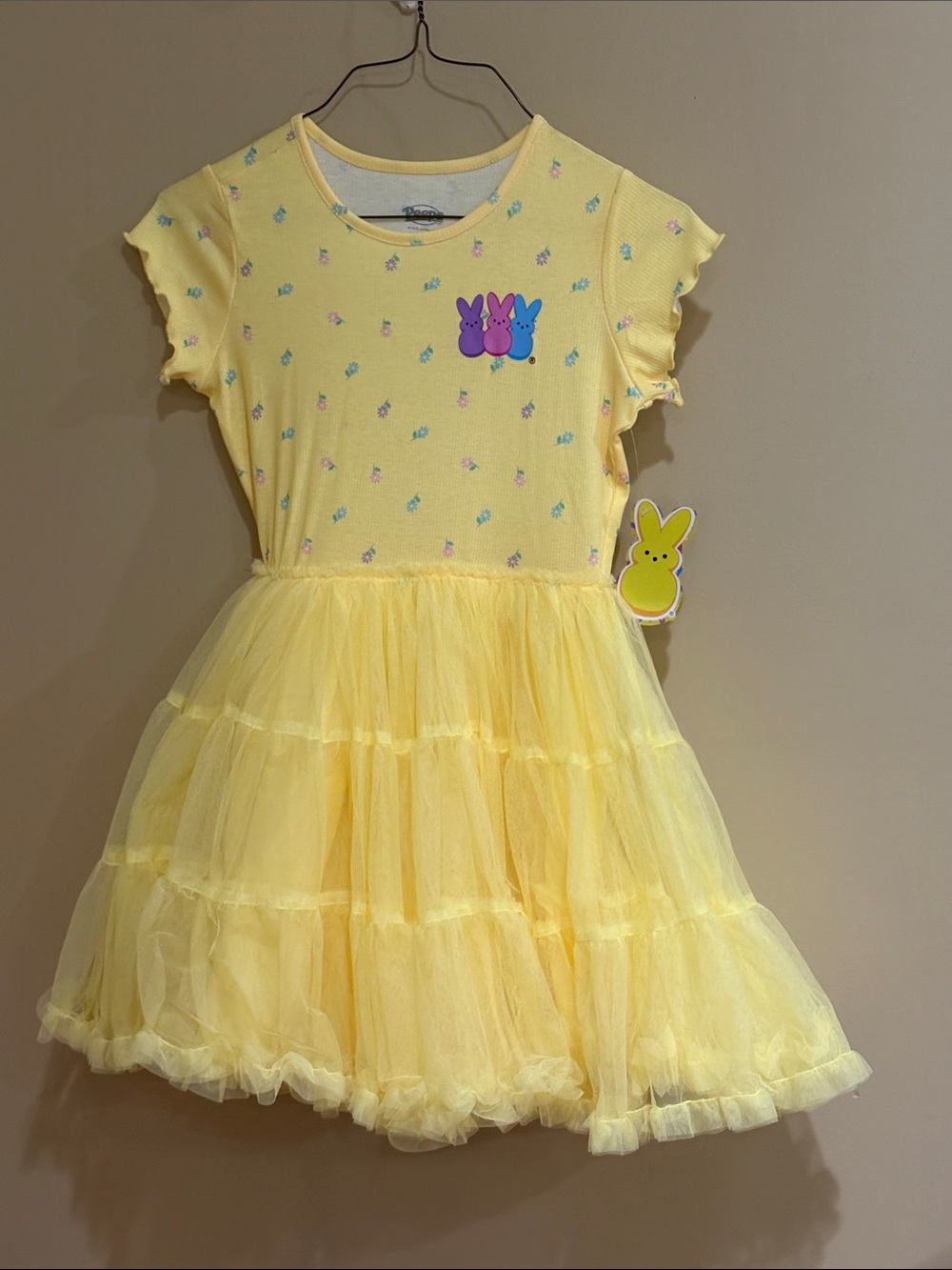 Girls' Yellow Tulle Party Dress with Bunny Appliqué